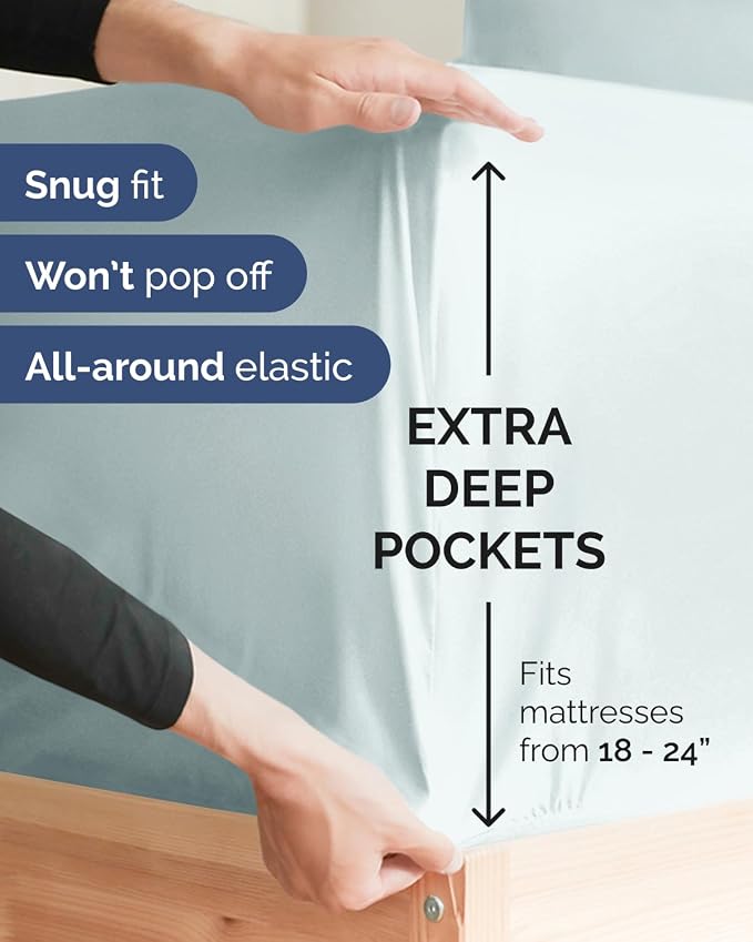 2 Pack Extra Deep Twin Fitted Sheets with Extra Deep Pockets - Ice Blue | Hotel Luxury Bottom Fitted Sheets Only, Soft, Fade & Wrinkle Free, Breathable & Comfy, All Around Elastic Fitted Sheets