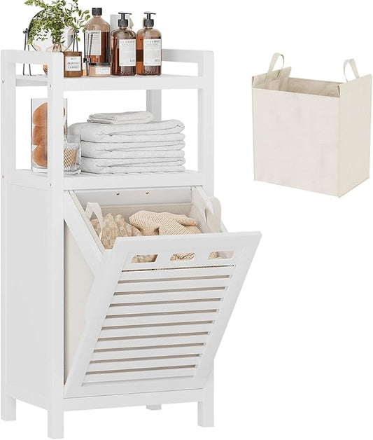 Homykic Tilt Out Laundry Hamper Cabinet, 10 Gal Bamboo Laundry Organizer | Wooden Laundry Basket with Removable Bag, Hidden Hamper with Shelf for Clothes, Bathroom, Laundry Room, Space Saving, White