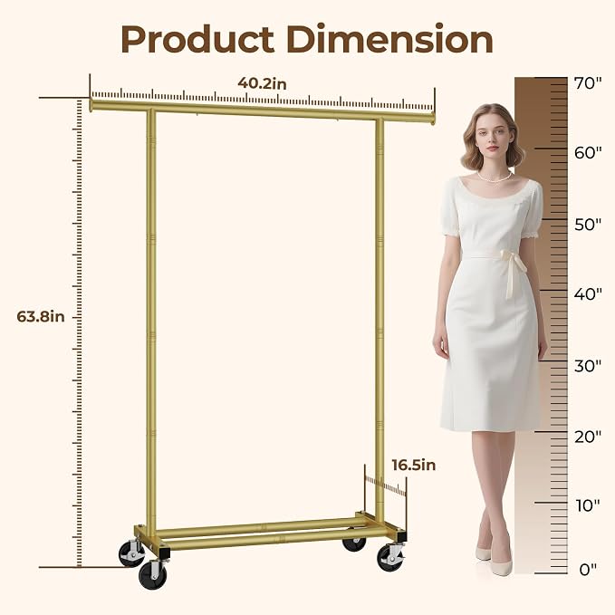 HYSEYY Clothes Rack, Clothing Rack for Hanging Clothes, Rolling Garment Rack Sturdy Coat Rack Portable Wardrobe Rack Metal Closet Rack for Bedroom Laundry Living Room, Warm Gold