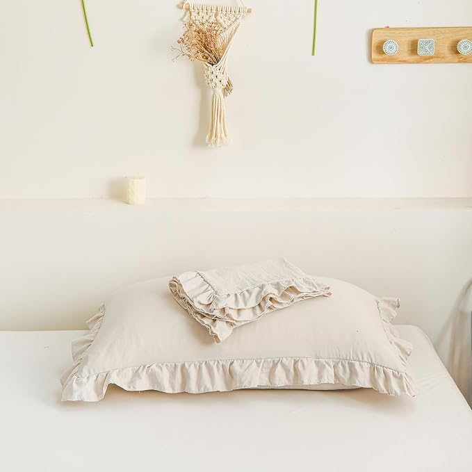 Merryword Beige Pillowcases Standard Ruffled Pillow Shams 20x26inch Beige Gray Ruffle Pillowcases Set of 2 Shabby Chic Pillow Cover