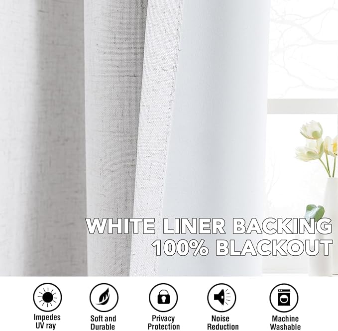 H.VERSAILTEX Linen Curtains 100% Blackout Curtains for Bedroom 120 inch Long Full Light Blocking Nature Linen Blended Window Curtains for Living Room Nickel Grommet (2 Panels, Heathered White)