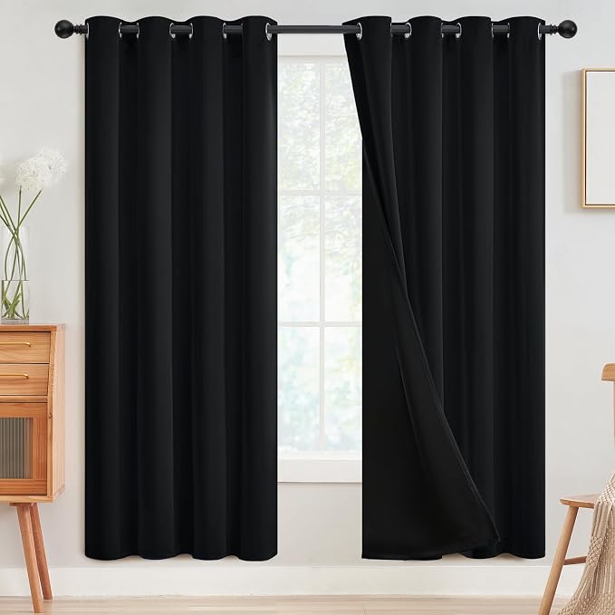 SimpleHome Black 100% Blackout Curtains Room Darkening Living Room 72 Inch | Curtains for Bedroom,Thermal Insulated Grommet Window Drapes,Curtains for Living Room with Black Back,52 x 72 Inch,2 Panels
