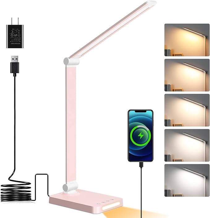 LED Desk Lamp with USB Ports,Touch Desk Lamps for Home Office with 5 Modes | 3 Brightness Desk Light with Small Night Light,Reading Lamp Table Lamp for Bedroom Bedside Study Pink （with adapter）