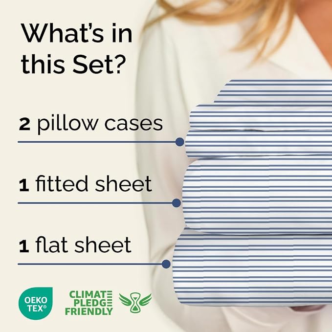King 4 Piece Striped Sheet Set - Breathable & Cooling - Blue Double Stripes | 1 Flat, 1 Fitted & 2 Pillowcases w/ Deep Pockets, Luxury Striped Bedding, Soft, Breathable & Cooling, Wrinkle & Fade Free
