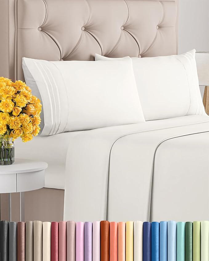 King Size 4 Piece Sheet Set - Ultra Soft & Cooling Sheets - Antique White | Fits 8 Inch to 16 inch Mattress, Wrinkle Free & Fade Resistant with Deep Pockets, Breathable, Comfy Hotel Luxury Bedding