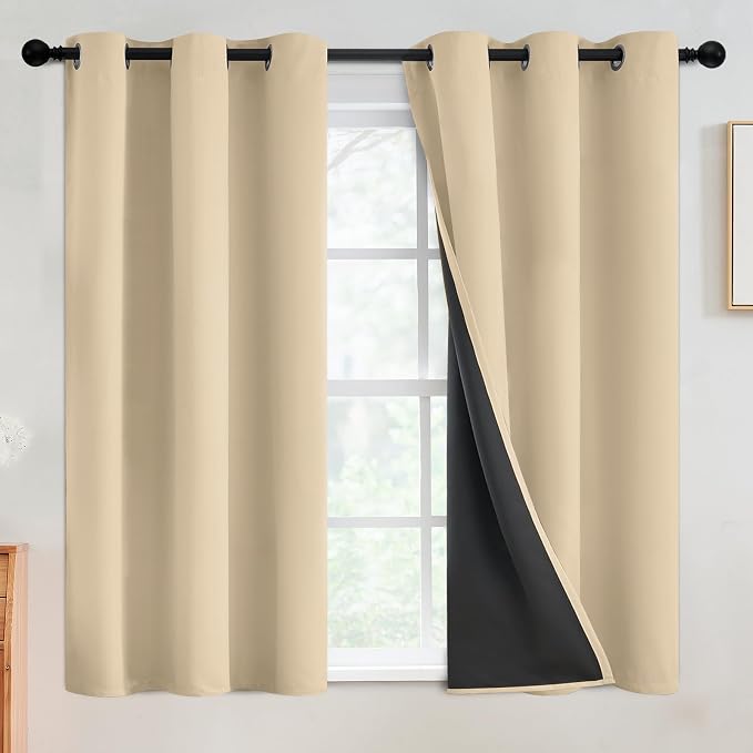 SimpleHome Beige 100% Blackout Curtains Room Darkening Living Room 54 Inch | Curtains for Bedroom,Thermal Insulated Grommet Window Drapes,Curtains for Living Room with Black Back,42 x 54 Inch,2 Panels