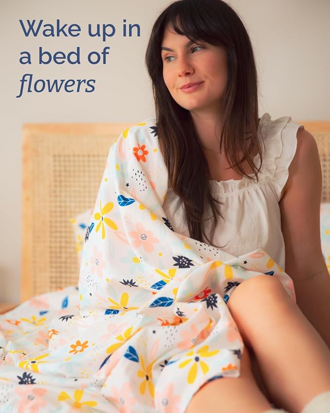 Cal King 4 Piece Floral Sheet Set - Soft, Breathable & Cooling - Daisy Art | 1 Flat, 1 Fitted & 2 Pillowcases w/ Deep Pockets, Boho Botanical Floral Bedding, Breathable & Cooling, Wrinkle & Fade Free