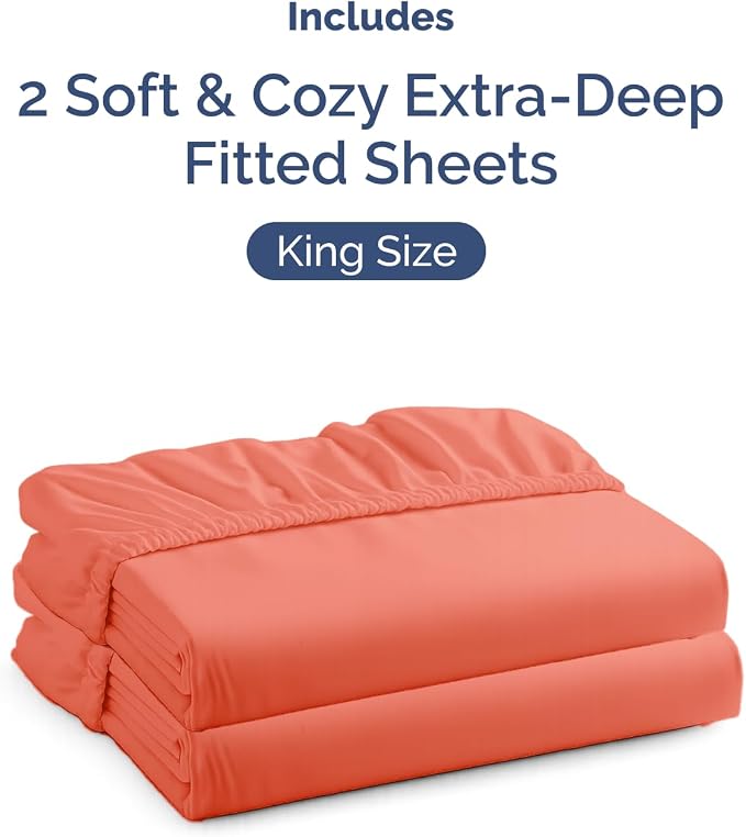 2 Pack Extra Deep King Fitted Sheets with Extra Deep Pockets - Coral | Hotel Luxury Bottom Fitted Sheets Only, Soft, Fade & Wrinkle Free, Breathable & Comfy, All Around Elastic Fitted Sheets