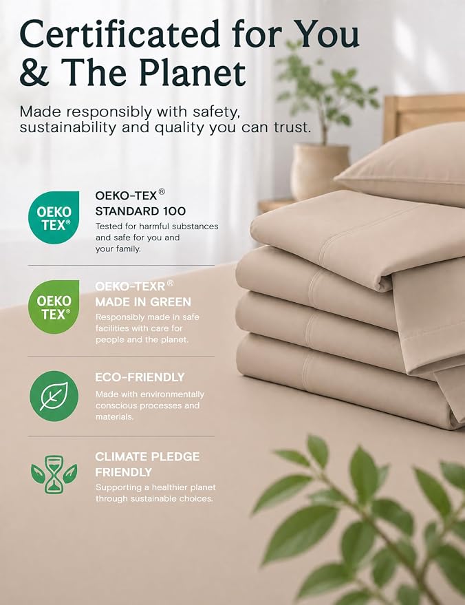 LuxClub 4 PC Full Sheet Set, Deep Pockets Wrinkle Free Cooling Bed Sheets Hotel Bedding for Women, Men, Kids & Teens, Includes 1 Fitted Sheet, 1 Flat Sheet and 2 Pillowcases-Soft Light Khaki | LuxClub Silky Fitted Sheet & Pillowcase Sets, Breathable Ho...