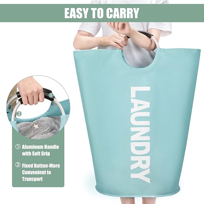 DOKEHOM 125L X-Large Collapsible Washing Laundry Basket Bag (7 Colors) for Bedroom, Fabric (Light Blue, XL) | Freestanding tall washing bin & foldable laundry bag. Extra large clothes storage basket with durable sturdy handles