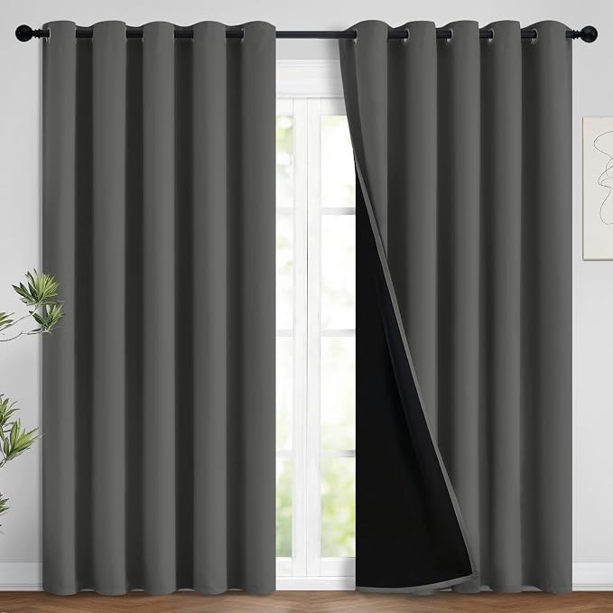 Yakamok Dark Grey 100% Blackout Curtains 96 Inches Long 62" Wide 2 Panels | Blackout Curtain Panels for Bedroom, 2 Thick Layers Grommet Top Thermal Insulated Drapes with Black Liner for Living Room