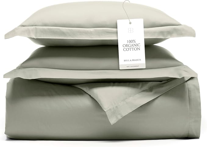 BOLL & BRANCH Signature Hemmed Duvet Set, Twin/Twin XL, Sageleaf | 1 Duvet Cover, 1 Sham - Luxury 100% Organic Cotton - Buttery Soft, Hidden Closures