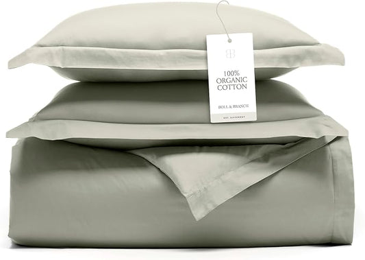 BOLL & BRANCH Signature Hemmed Duvet Set, Twin/Twin XL, Sageleaf | 1 Duvet Cover, 1 Sham - Luxury 100% Organic Cotton - Buttery Soft, Hidden Closures