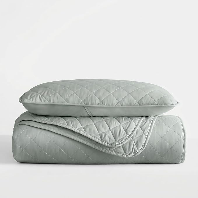 Merit Linens Modern Quilt Coverlet Soft Set in Diamond Stitching - Twin/TwinXL Eucalyptus