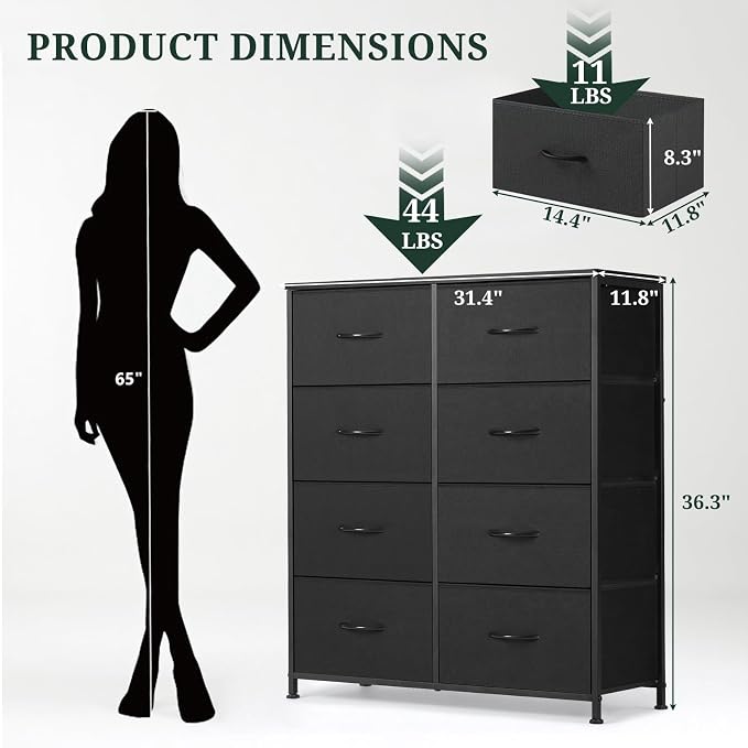 8-Drawer Dresser for Bedroom, Anti-Tip Tall Storage Organizer | Chest of Drawers with Wooden Top and Metal Frame Fabric Bins for Closet, Living Room, Hallway, Entryway, Black