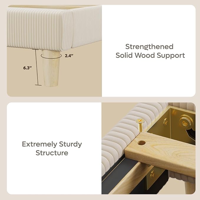 Bestier King Size Bed Frame with Headboard LED Lighting,Upholstered,Beige | Easy Assembly,LED Lighting Headboard,No Squeaks,Vertical Channel Corduroy Upholstered,Wood Slats Support,No Box Spring Needed