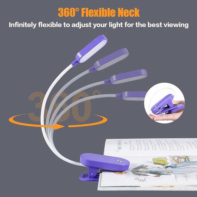 VAVOFO Rechargeable Book Light, 14 LEDs Eye Care Clip On Amber Reading Light for Bookworms Reading in Bed with 9 Colors 9 Brightness (Dark Purple)