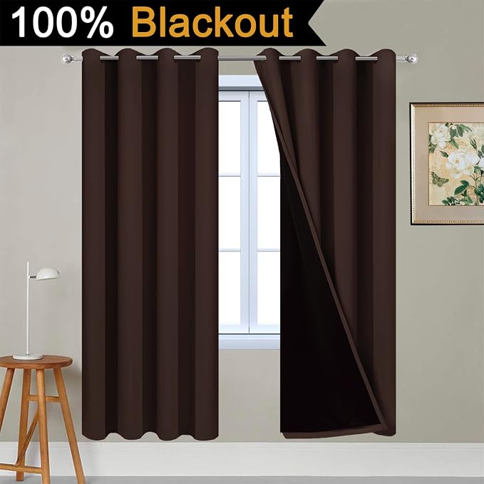 Yakamok Chocolate Brown Blackout Curtains 72 Inches Long 52" Wide, 2 Panels | Blackout Curtain Panels for Bedroom, 2 Thick Layers Grommet Top Thermal Insulated Drapes with Black Liner for Living Room