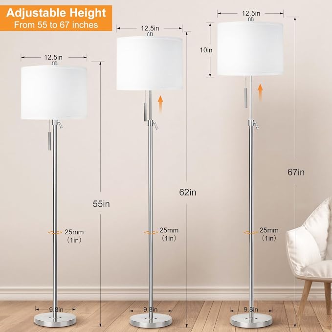 Qingmiao Brushed Nickel Floor Lamps for Living Room, 55"-67" Height Adjustable Modern Tall Lamp, 3-Way Dimmable Standing Lamp for Bedroom Office Reading Corner Home Decor, New House Warming Gifts