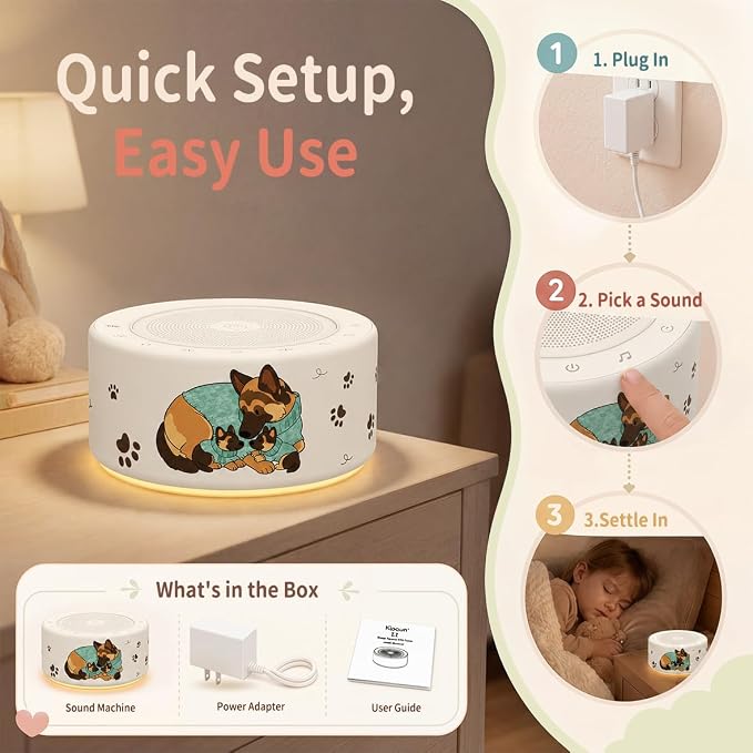 Kipcush White Noise Machine for Baby & Adults, Sleep Sound Machine with 30 Soothing Sounds, 8-Color Night Light, Memory Function, White Noise for Sleeping, Nursery, Office, Travel, Relaxation
