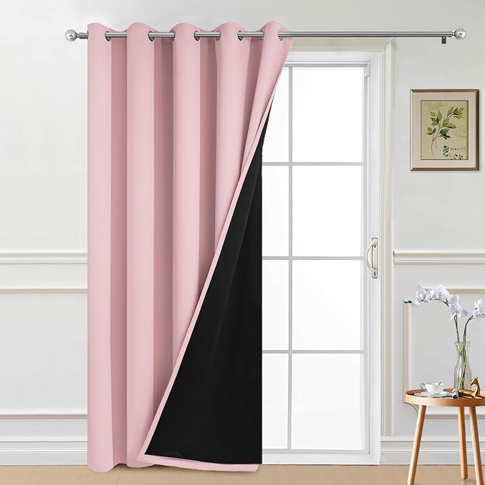 Yakamok Pink 100% Blackout Patio Door Curtain Panels W70 x L84,1 Panel | Noise Reducing Barrier Panel for Sliding Glass Door, 2 Thick Layers Heat Full Light Blocking Patio Door Drapery