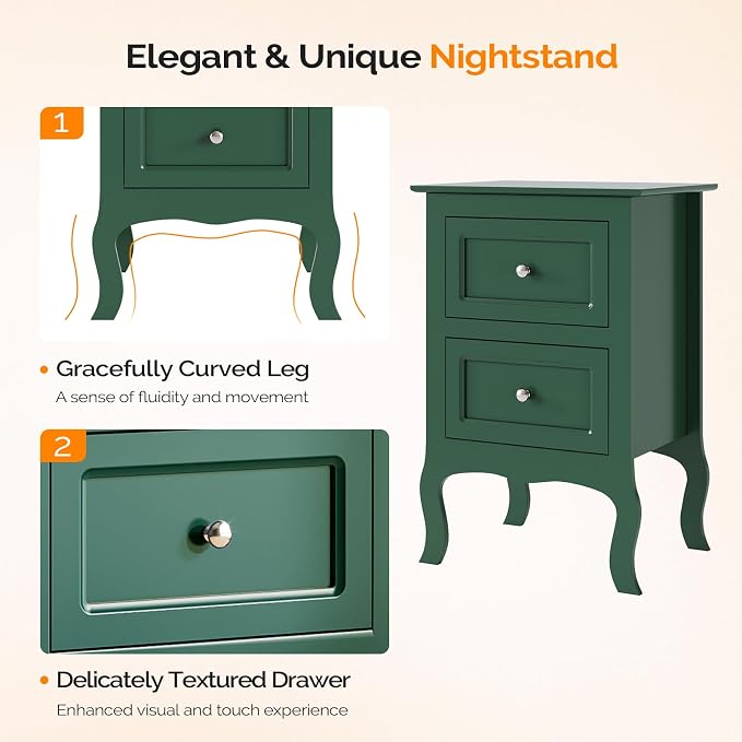 Bonnlo Green Nightstand Set of 2, Small Green Night Stands for Bedroom, Kids Room, Living Room, Wood, 15.75" W x 11.8" D x 23.6" H