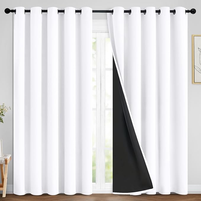 Yakamok Pure White 100% Blackout Curtains 84 Inches Long 70" Wide 2 Panel | Blackout Curtain Panels for Bedroom, 2 Thick Layers Grommet Top Thermal Insulated Drapes with Black Liner for Living Room