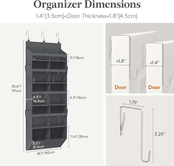 Lifewit 1 Pack Over the Door Organizer, 10 Section Clear Window Hanging Storage with 4 Side Pockets, Sturdy Anti Tilt 40 lbs Load Behind Door for Closet, Bedroom, Bathroom, Nursery, Dorm, Gray