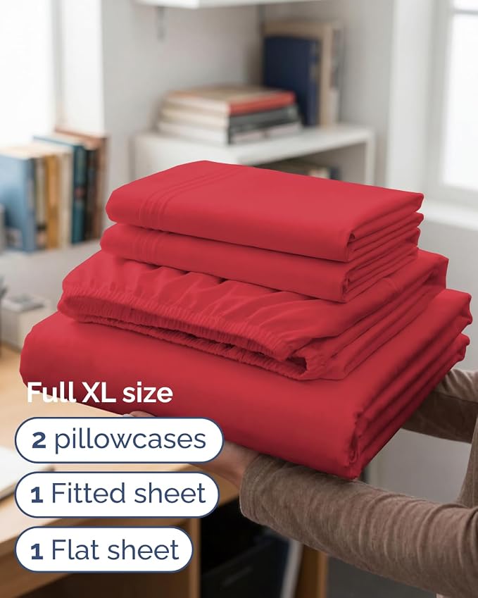 Full XL Sheets - 4 Piece Full XL Sheet Set - Breathable & Cooling - Red | Hotel Luxury Bedding for Women & Men with Deep Pockets, Ultra-Soft, Comfy, Easy-Fit, Wrinkle Free & Fade Resistant, Oeko-Tex