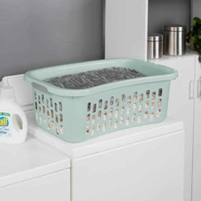Sterilite 12 Pack HipHold Laundry Basket, Plastic Rectangle Clothes Hamper with Comfort Grip Handles & Reinforced Rim, 1.5 Bushel Capacity, Mint