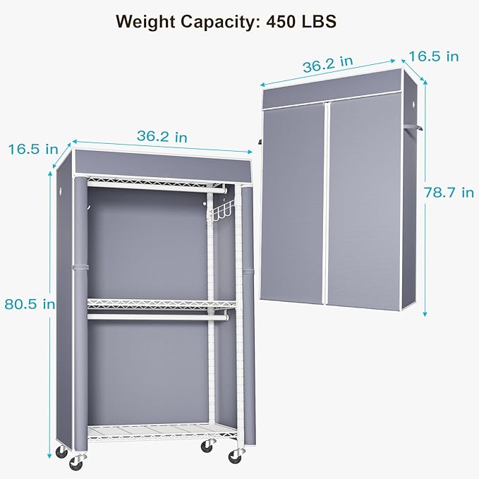 FUTASSI White Clothing Rack with Grey Cover, P1C Rolling Closets | Metal Garment Rack for Hanging Clothes, Clothing Storage Wardrobe, with Wheels