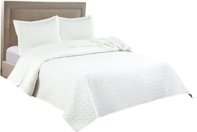 Legacy Decor 3 PCS Squared Stitched Pinsonic Soft Bedspread, Queen White | Oversized Queen Squared Stitched Coverlet, All Season, Oversized, White Color, 3 PCS Set, Bedspread Quilt Coverlet