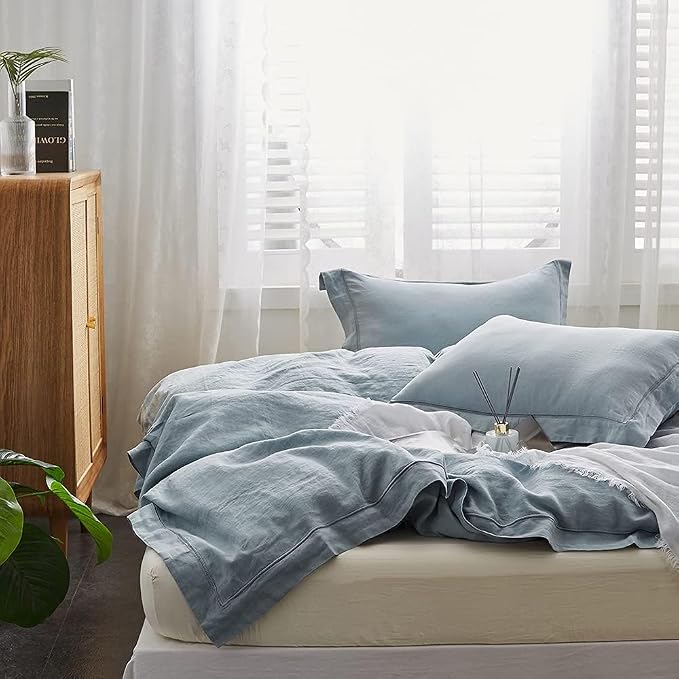 Simple&Opulence 100% French Linen Duvet Cover Set with Embroidered,3 Pcs Washed Soft Farmhouse Bedding Set with Button Closure,1 Comforter Cover and 2 Pillowshams(King,Dusty Blue)