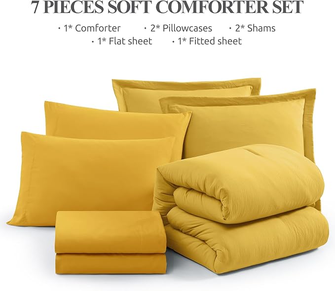 King Size Comforter Set- 7 Pieces Prewashed Bed in a Bag King Bedding Sets | Soft All Season Comforter with Sheets, Pillow Shams & Pillowcases,Yellow