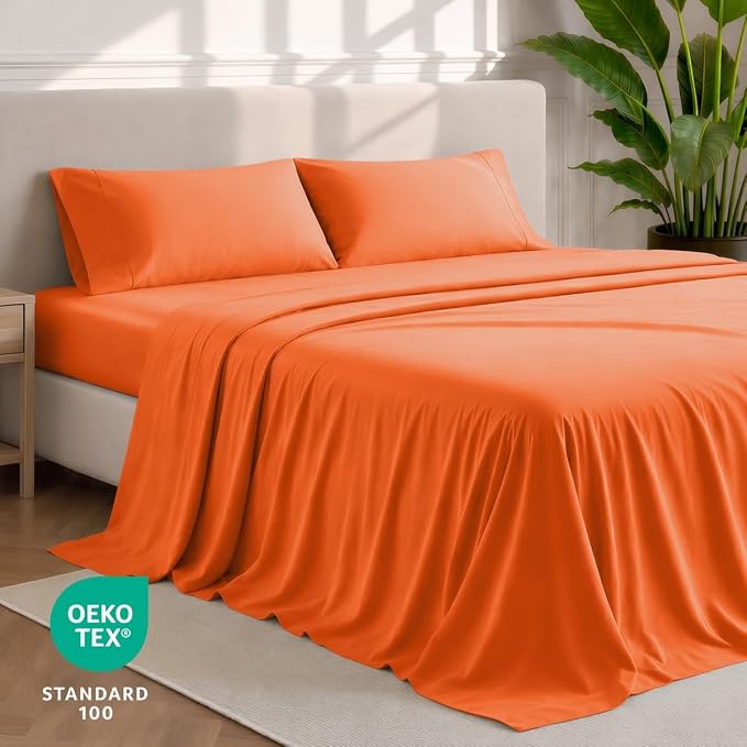 Bare Home Queen Sheet Set - 1800 Ultra-Soft (Queen, Orange) | Deep Pockets 6 to 15 Inches, Breathable, Hypoallergenic, Hotel Luxury, Easy Fit, Soft, All-Season