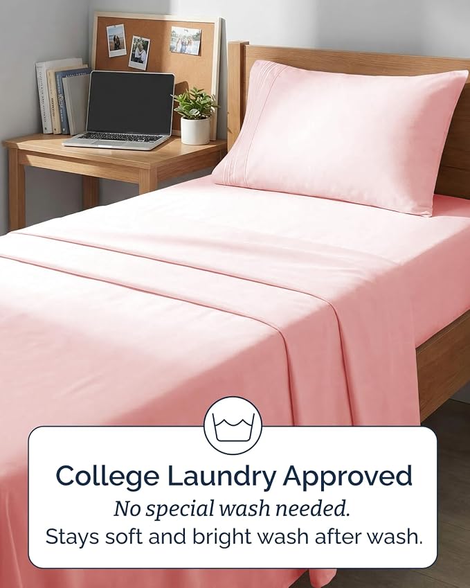 Twin XL 3 Piece Sheet Set - College Dorm Room Essentials - Baby Pink | Deep Pocket Bed Sheets for Women, Men, Teens & Students, Soft, Cooling, Breathable & Wrinkle Free, Oeko-Tex Bed Sheet Set