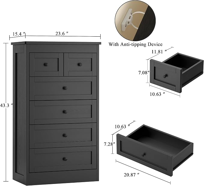 wanan Tall 6 Drawer Dresser for Bedroom, Black Modern 43.3'' Tall Wood Chest of Drawers, Storage Organizer with Smooth Metal Rails & Anti-Tip Kit for Closet, Hallway, Living Room