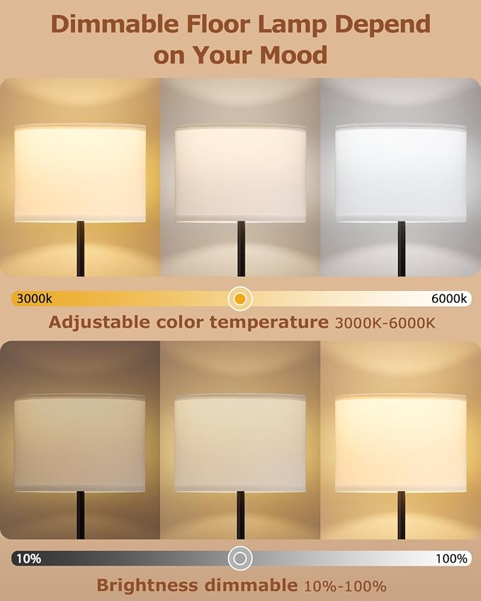Ambimall Dimmable Floor Lamp with Remote, 9W 900LM LED Bulb Included | White Shade Black Pole, Lamps for Living Room Bedroom