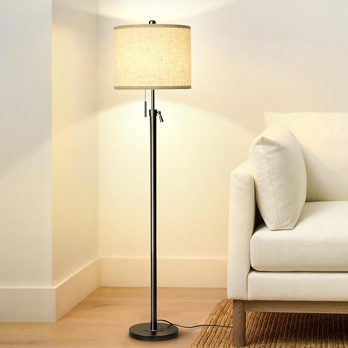 Qingmiao Adjustable Height Floor Lamp for Living Room, Black Standing Lamp for Bedroom Office, Modern Tall Lamp with Linen Shade, 3-Way Dimmable 8W 3000K LED Blub Included (Black)