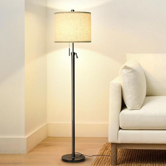 Qingmiao Adjustable Height Floor Lamp for Living Room, Black Standing Lamp for Bedroom Office, Modern Tall Lamp with Linen Shade, 3-Way Dimmable 8W 3000K LED Blub Included (Black)