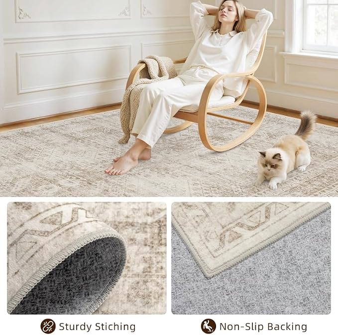 10x14 Area Rugs Living Room: Bedroom Neutral Washable Carpet Brown | Vintage Boho Soft Small Indoor Decor Floor Non-Slip Low Pile Neutral Farmhouse Entryway Laundry Bathroom Bedroom Beside Rugs
