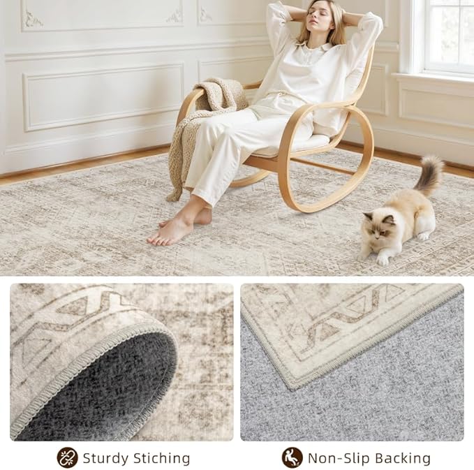 Area Rugs 9x12 Living Room: Bedroom Neutral Washable Carpet Brown | Vintage Boho Soft Small Indoor Decor Floor Non-Slip Low Pile Neutral Farmhouse Entryway Laundry Bathroom Bedroom Beside Rugs