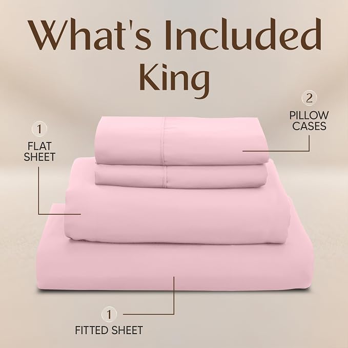 King Sheets Set, 4 Pieces 16" Deep Pocket Hotel Luxury Sheets, Crystal Pink | Extra Soft Bedsheet Set, Comfy & Breathable Cooling Sheets, Wrinkle & Fade Resistant, Fitted Sheet, Flat Sheet, 2 Pillowcases