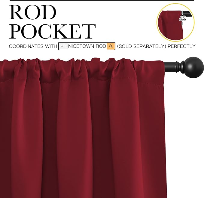 NICETOWN Christmas Burgundy Curtains Blackout Drape Panels - Lights Block Out Window Treatment Short Curtain Sets for Loft and Basement Decoration (Set of 2, 34 by 84-Inch)