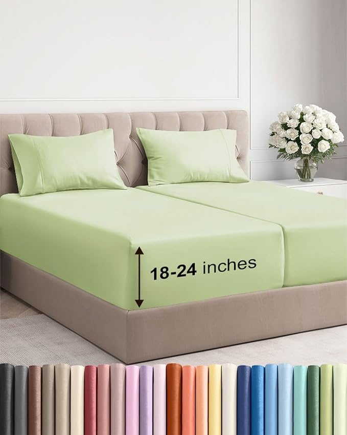 Extra Deep Split King Sheet Set - 5 Piece Cooling Sheets - Light Sage Green | Easily Fits 18 to 24 inch Mattress - Ultra Soft, Wrinkle & Fade Free with Extra Deep Pockets - Comfy Hotel Luxury Bedding