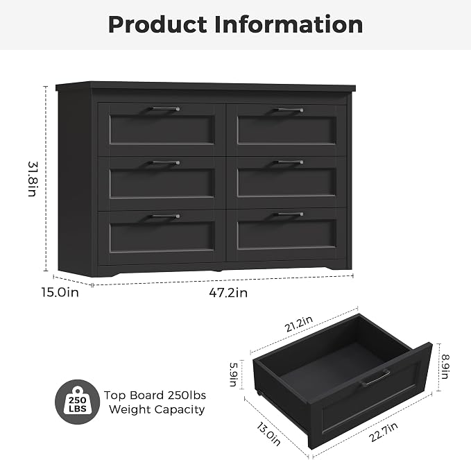 Jocoevol Black 6 Drawer Dresser for Bedroom, 47.2" Modern Chest of Drawers | Wooden Storage Dresser with Mental Handle, Large Double Dresser with 5.9" Deep Drawers for Living Room, Hallway Entryway