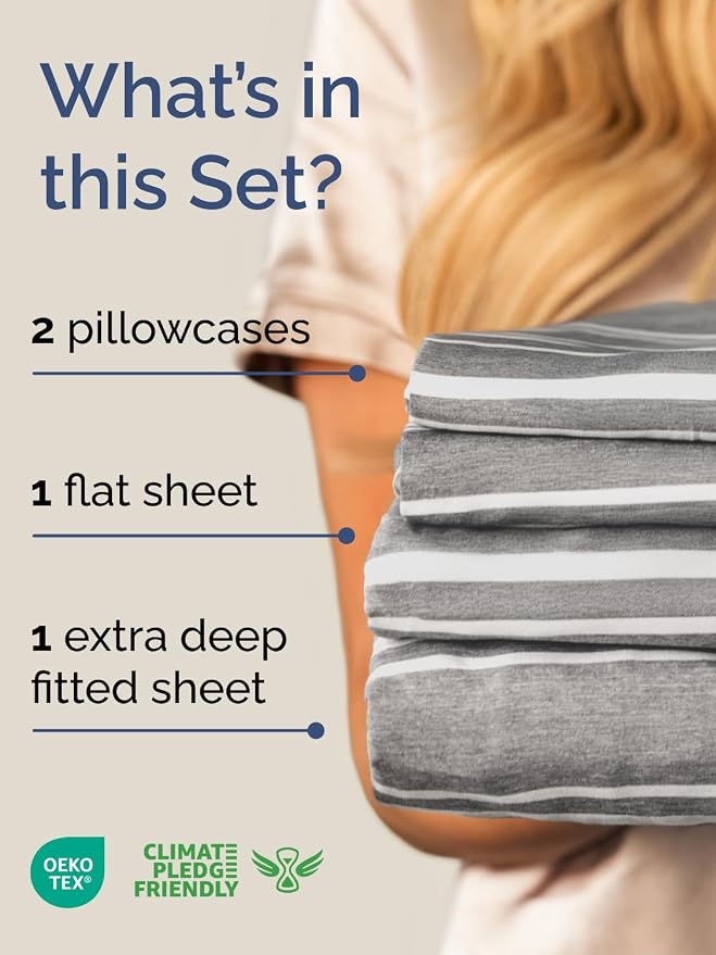Extra Deep Full Sheet Set - 4 Piece Breathable & Cooling - Grey Stripes | Easily Fits 18 to 24 inch Mattress - Ultra Soft, Wrinkle & Fade Free with Extra Deep Pockets - Comfy Hotel Luxury Bedding