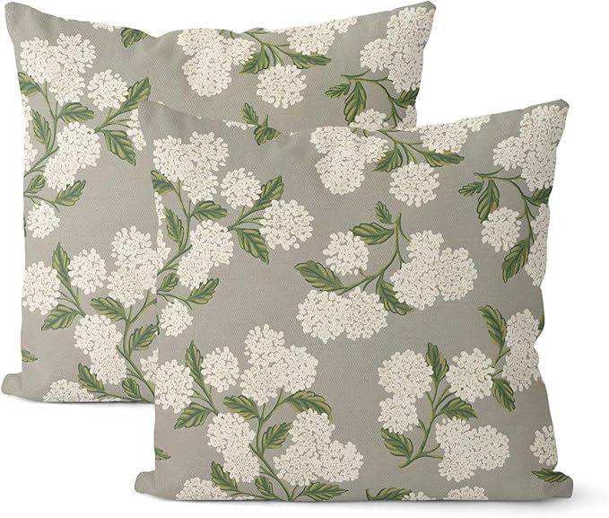 Grey Spring Pillow Covers 20x20 Inch 2 Pcs Gray Green Hydrangea Flower Decor Throw Pillows Vintage Floral Seasonal Summer Outdoor Decoration Pillowcase Linen Cushion Cover for Couch Sofa