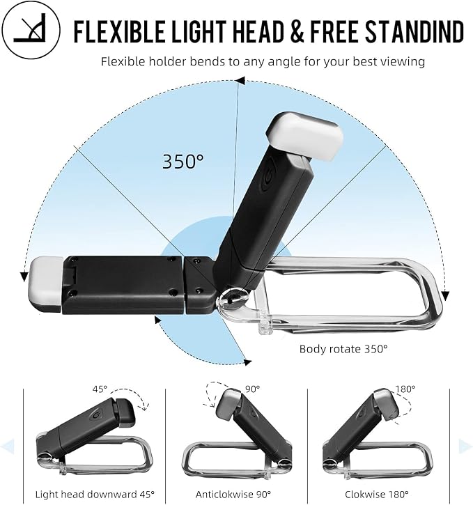 EGWASER Portable USB Rechargeable LED Clip-on Book Light for Eye-Protection, 3 Brightness Adjustable Dimmable Bookmark Light for Reading in Bed (Black)
