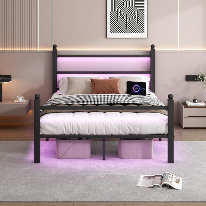 CLIBFENG Queen Size Bed Frame with Headboard and Footboard,Steel Slats Support-LED Bed Frame with USB Charging Station,Mattress Foundation-Under Bed Storage,No Box Spring Needed,Noise Free,Black